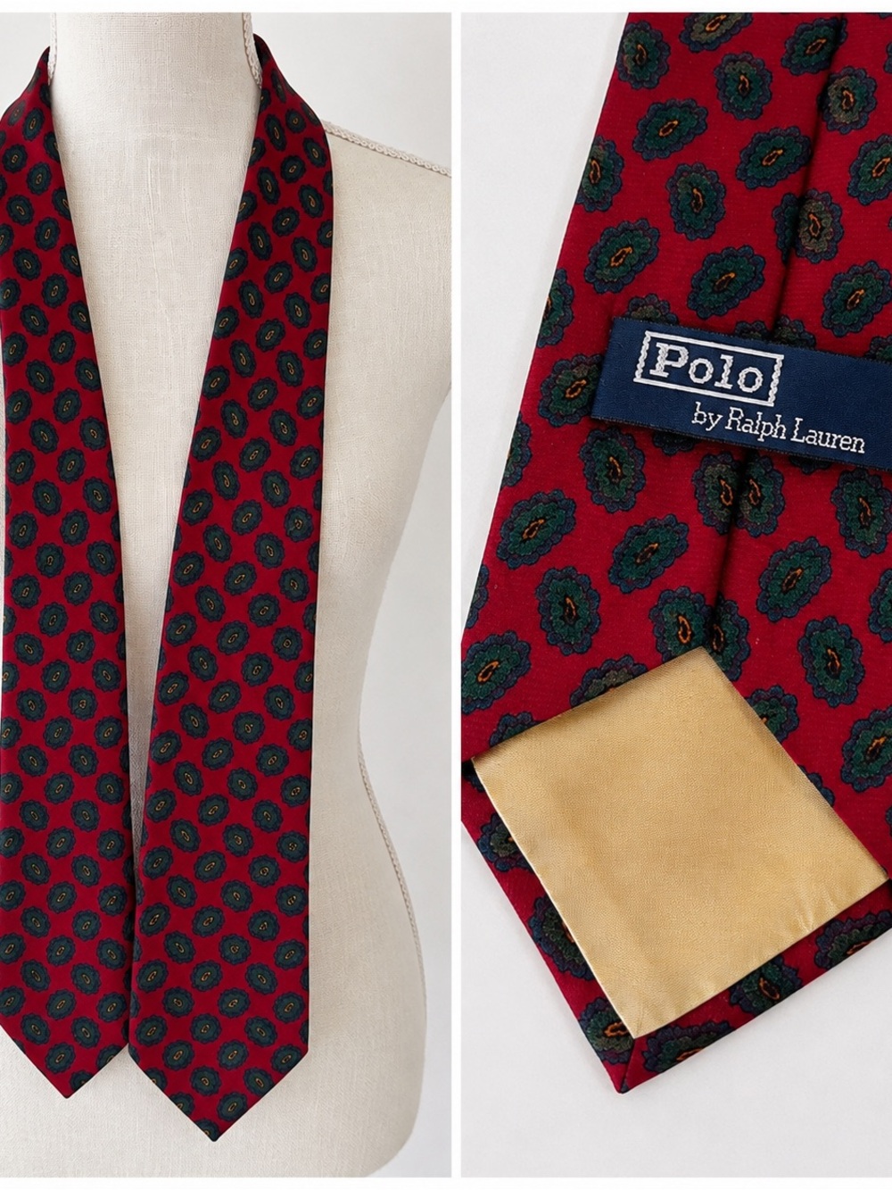Vintage Polo by Ralph Lauren Red Green Medallion Silk Necktie
